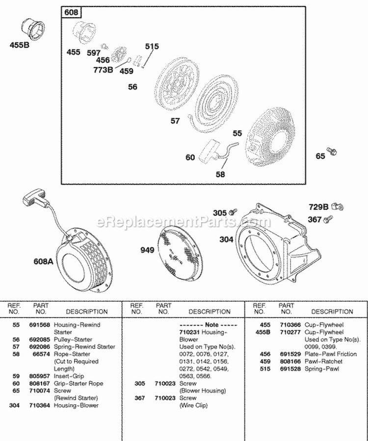 Blower Housing Rewind Starter Diagram and Parts List for 185432-0571-E1  Briggs and Stratton Engine
